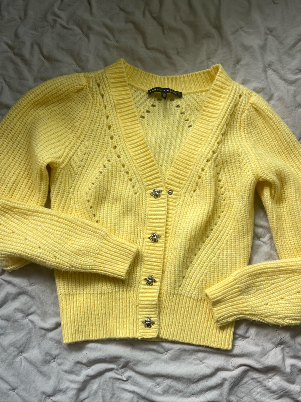 White House Black Market Bee detailed Yellow V-Neck Button Cardigan Sweater
